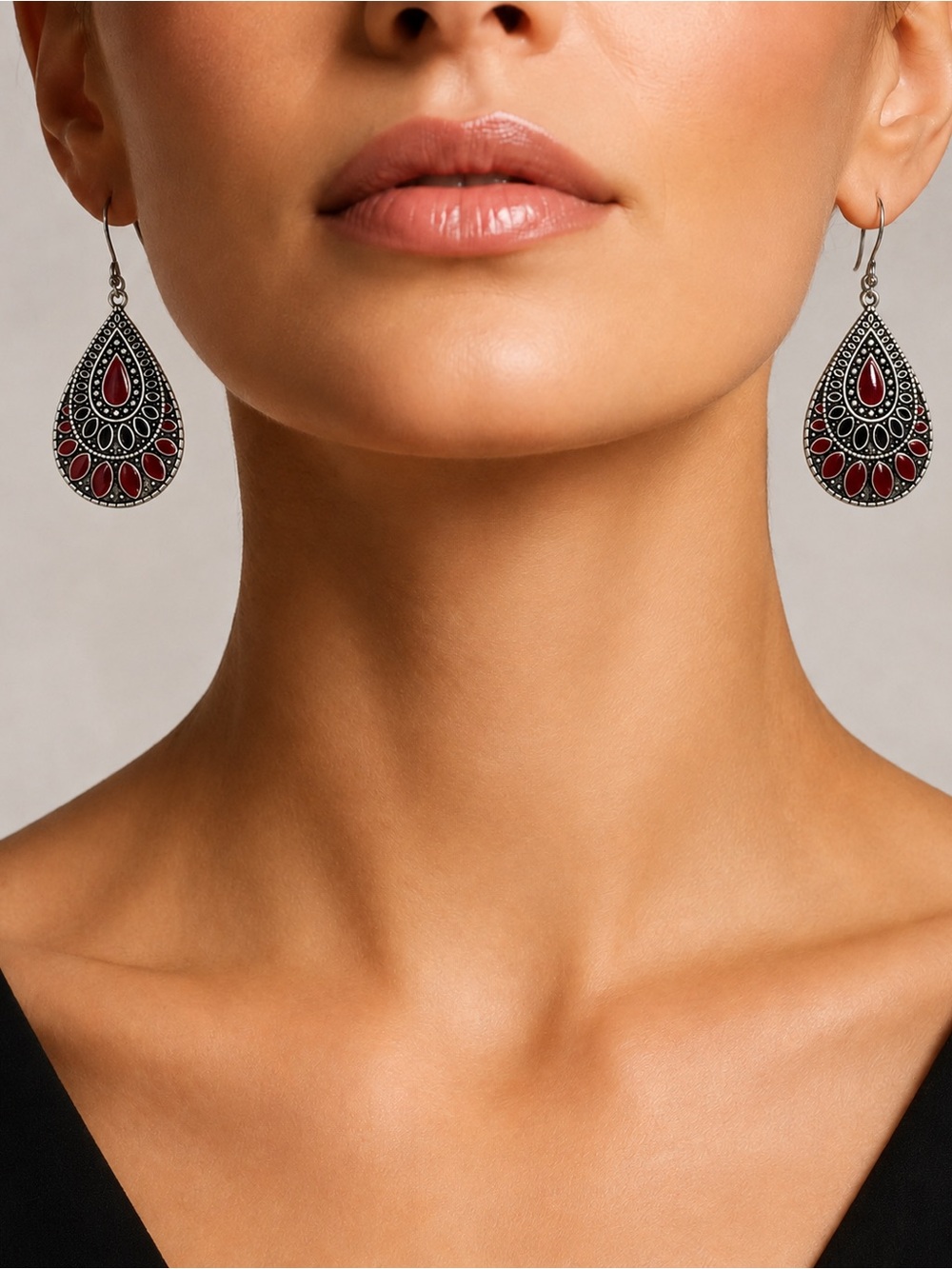 VTG Boho Red Enamel Teardrop Earrings Silver Dangle Ethnic Tribal Gypsy Style 2'